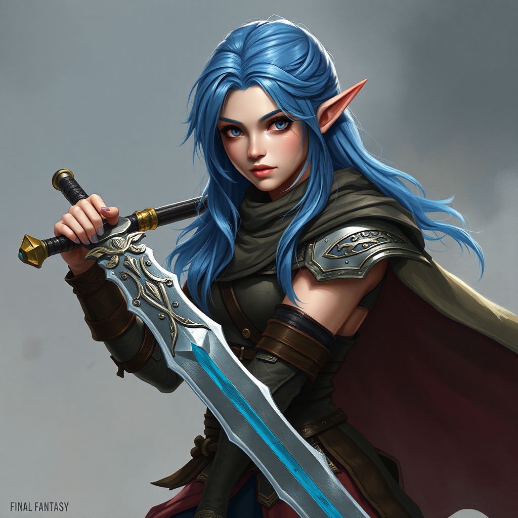 A female elf warrior with blue hair.