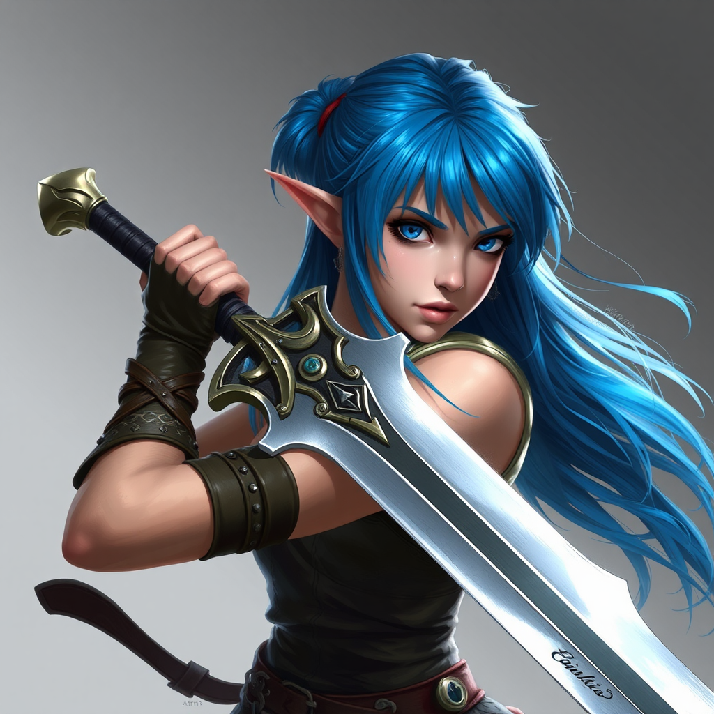 A female elf warrior with blue hair.