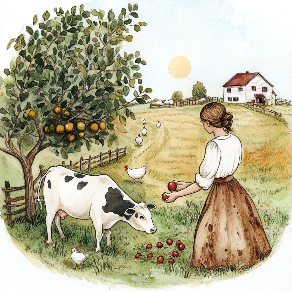 A female farmer milking cow and picking apple.