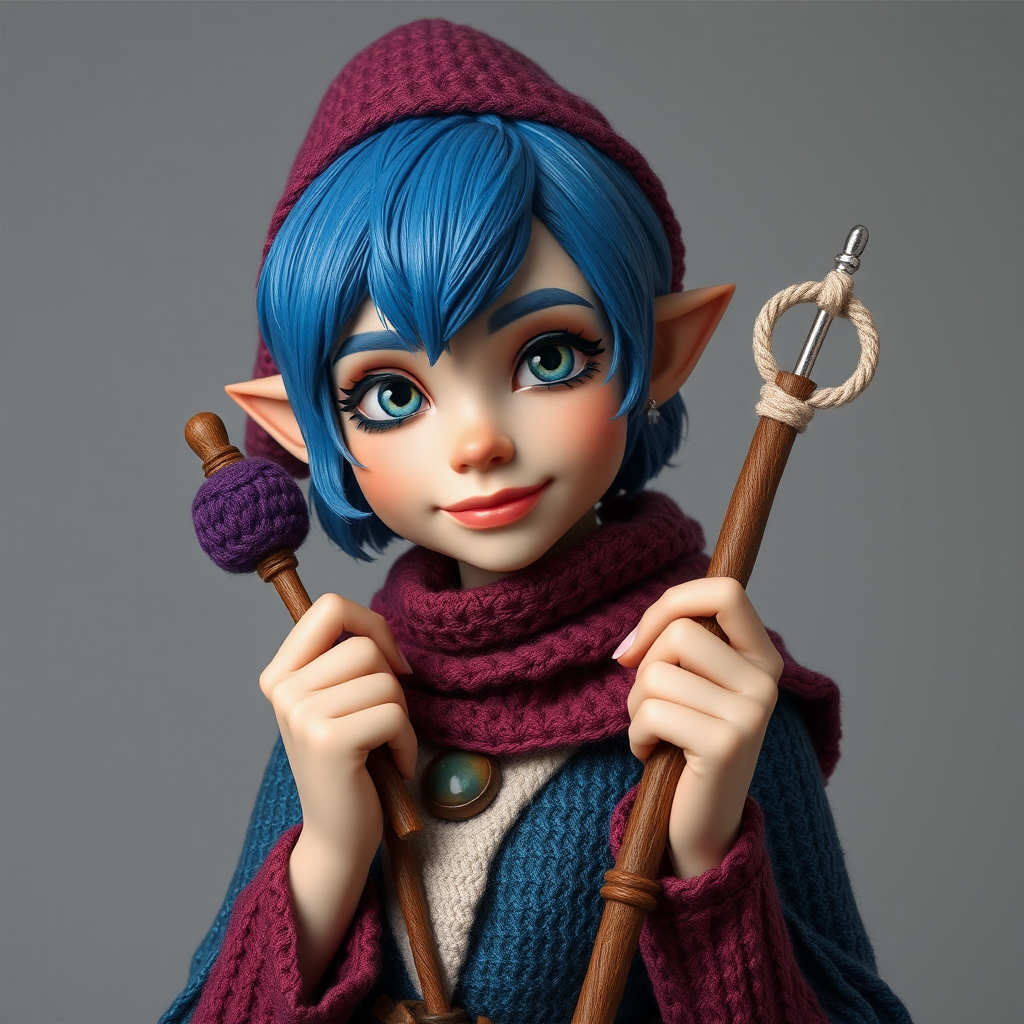 A female gnome wizard with short blue hair.