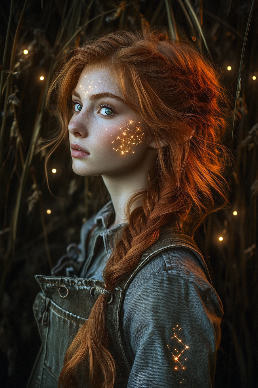 A female half elf druid with wavy red hair