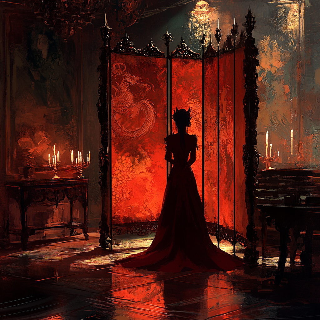 A female silhouette in a fantasy room