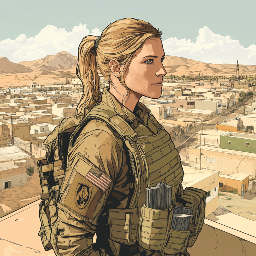 A female soldier in city landscape illustration.