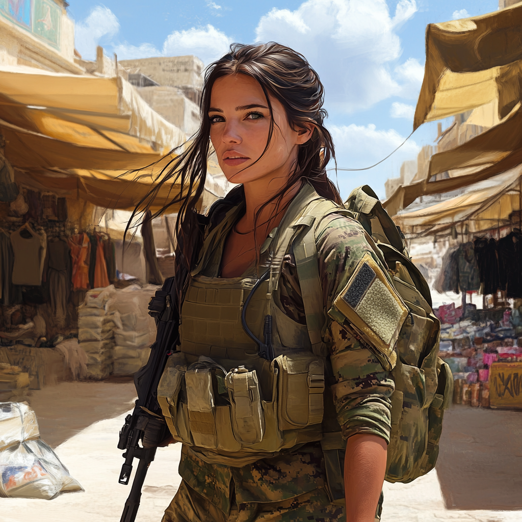 A female soldier in urban desert market place.