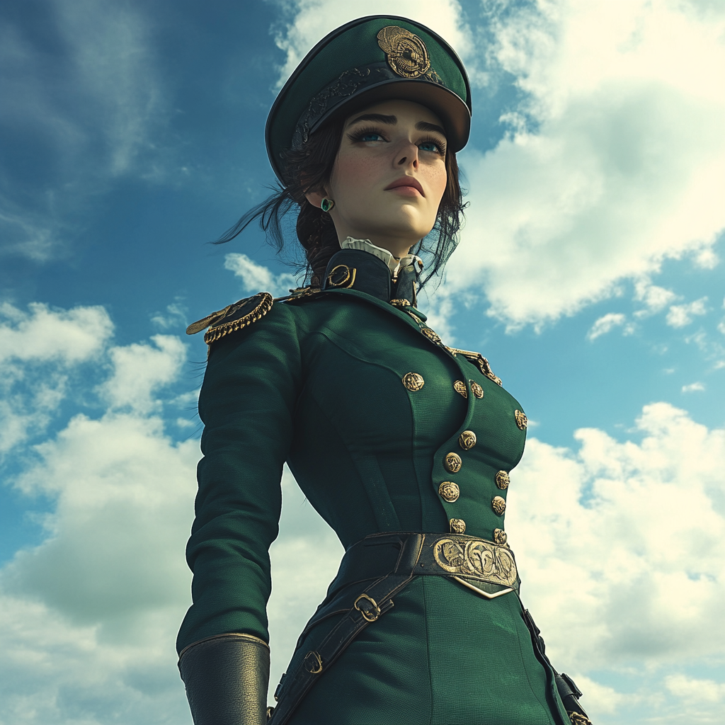 A female steampunk sailor in full green uniform