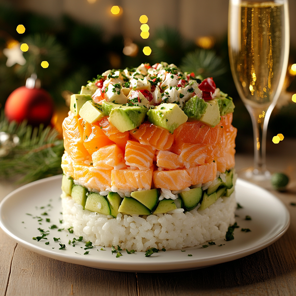 A festive Russian salad with salmon and avocado