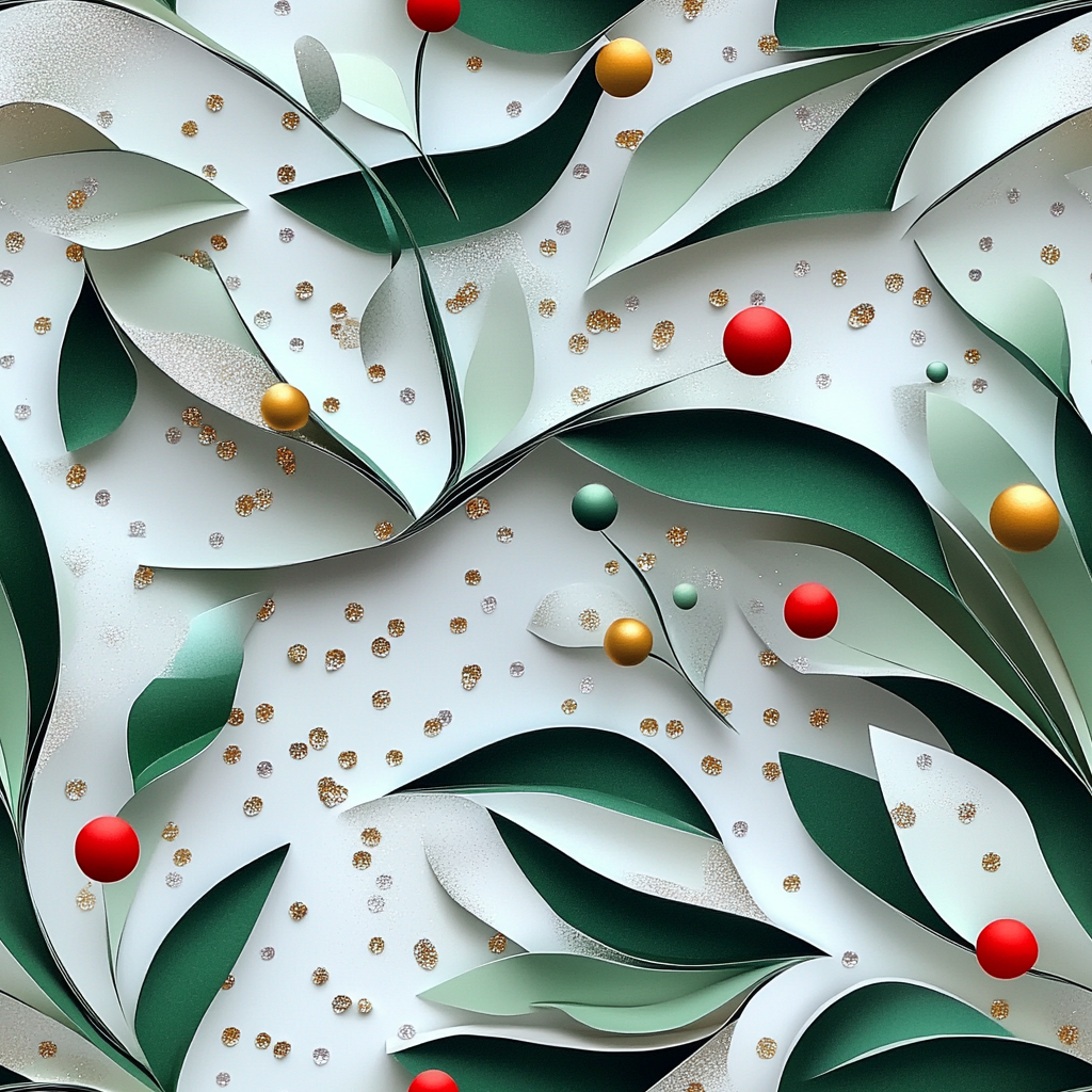 A festive mistletoe paper sculpture on glitter background