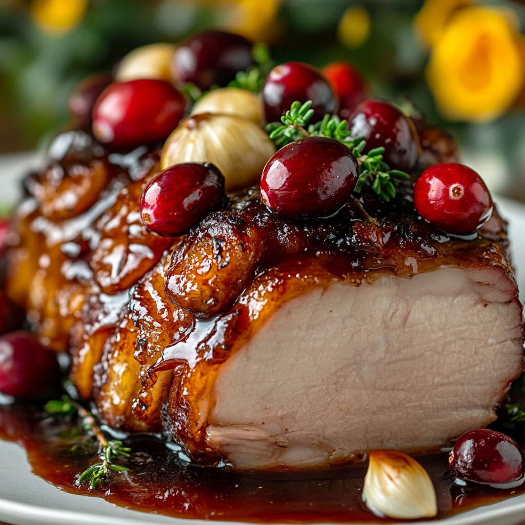 A festive pork roast with fruit glaze decoration