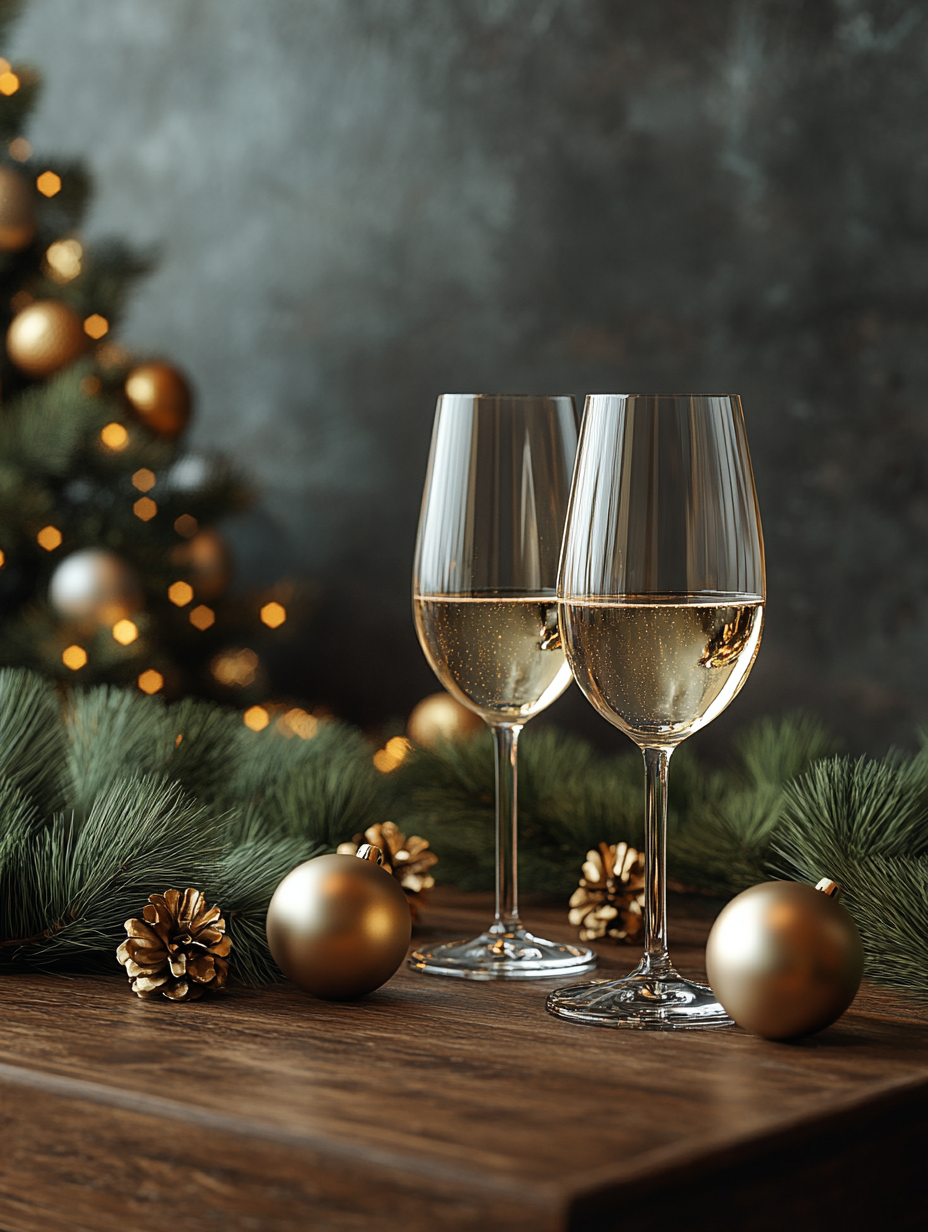 A festive table with champagne and decorations