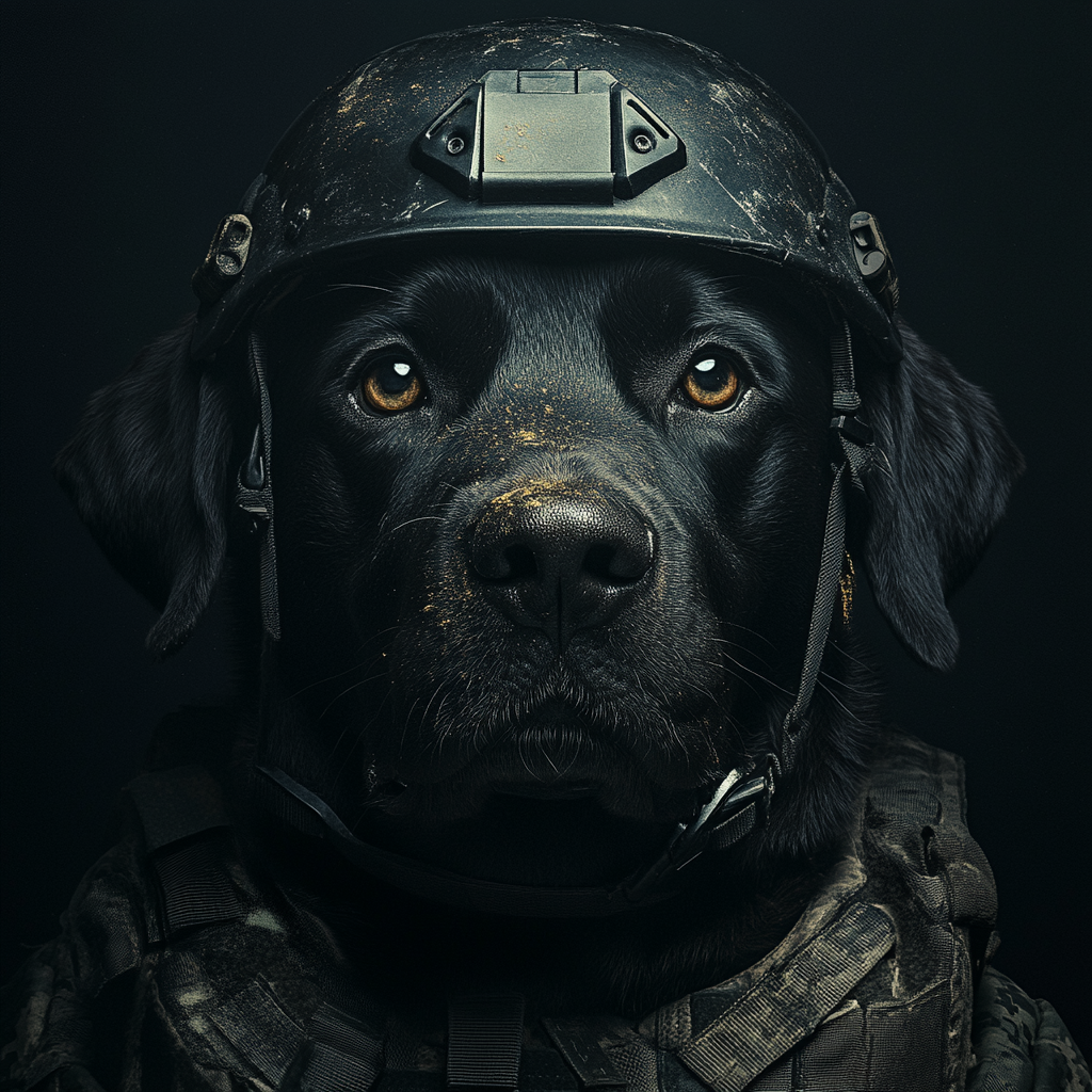 A fierce Labrador in military gear, facing camera