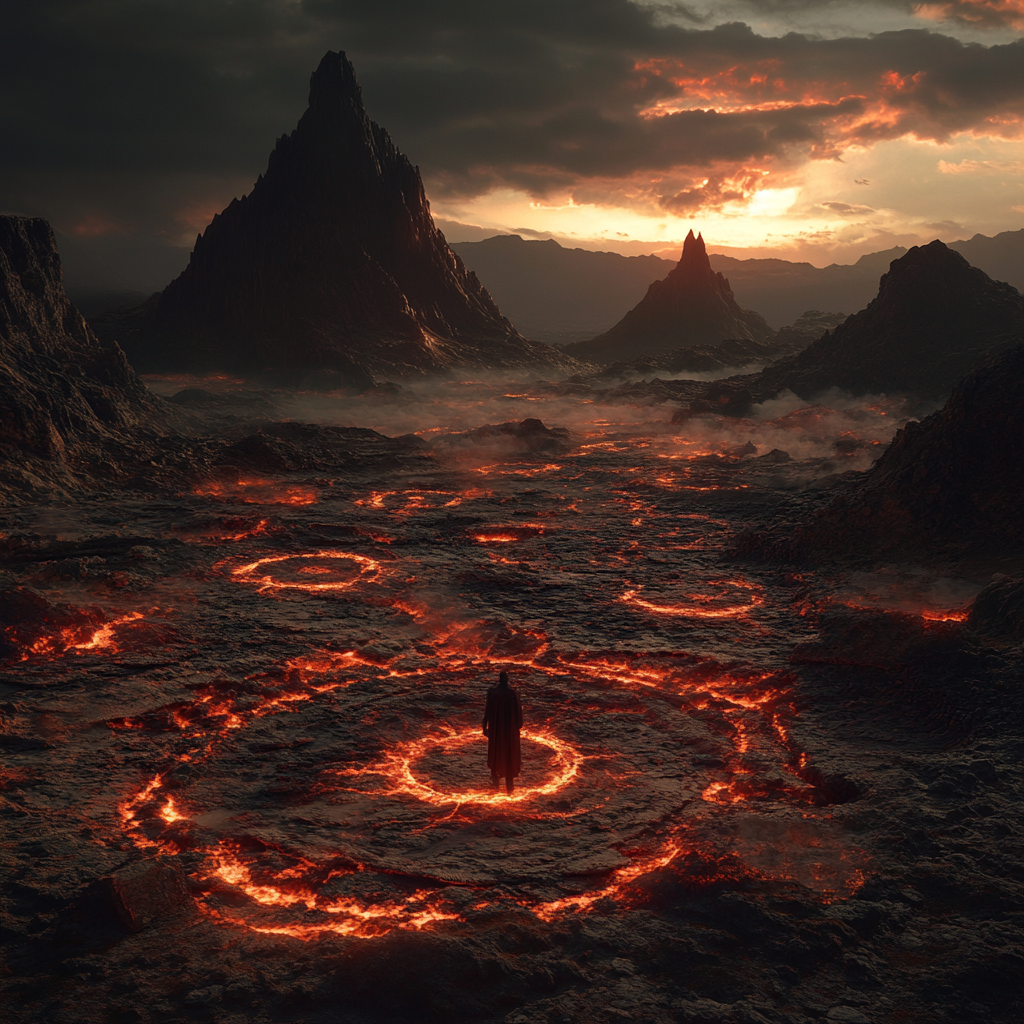 A fiery landscape of hell with cult symbols