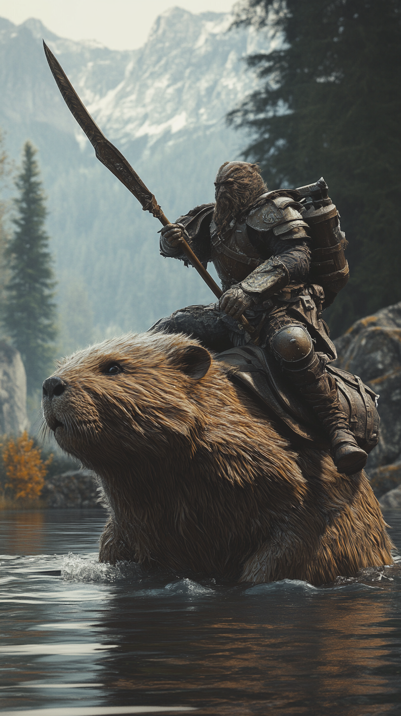 A fighter rides a beaver - highly detailed