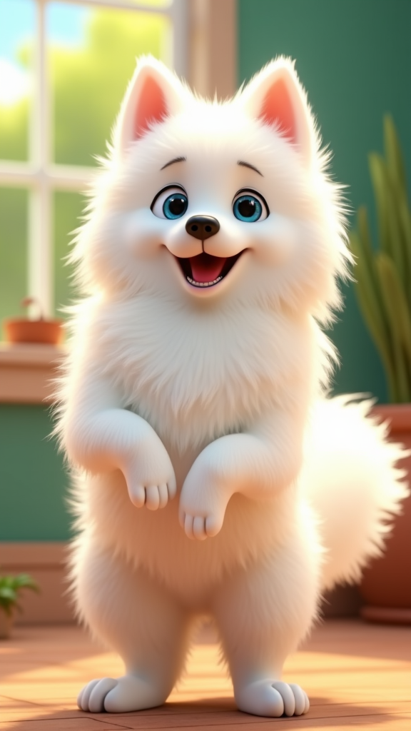 A fluffy American Eskimo dog in Pixar style