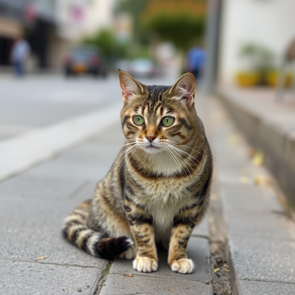 A fluffy American Shorthair cat on the street.