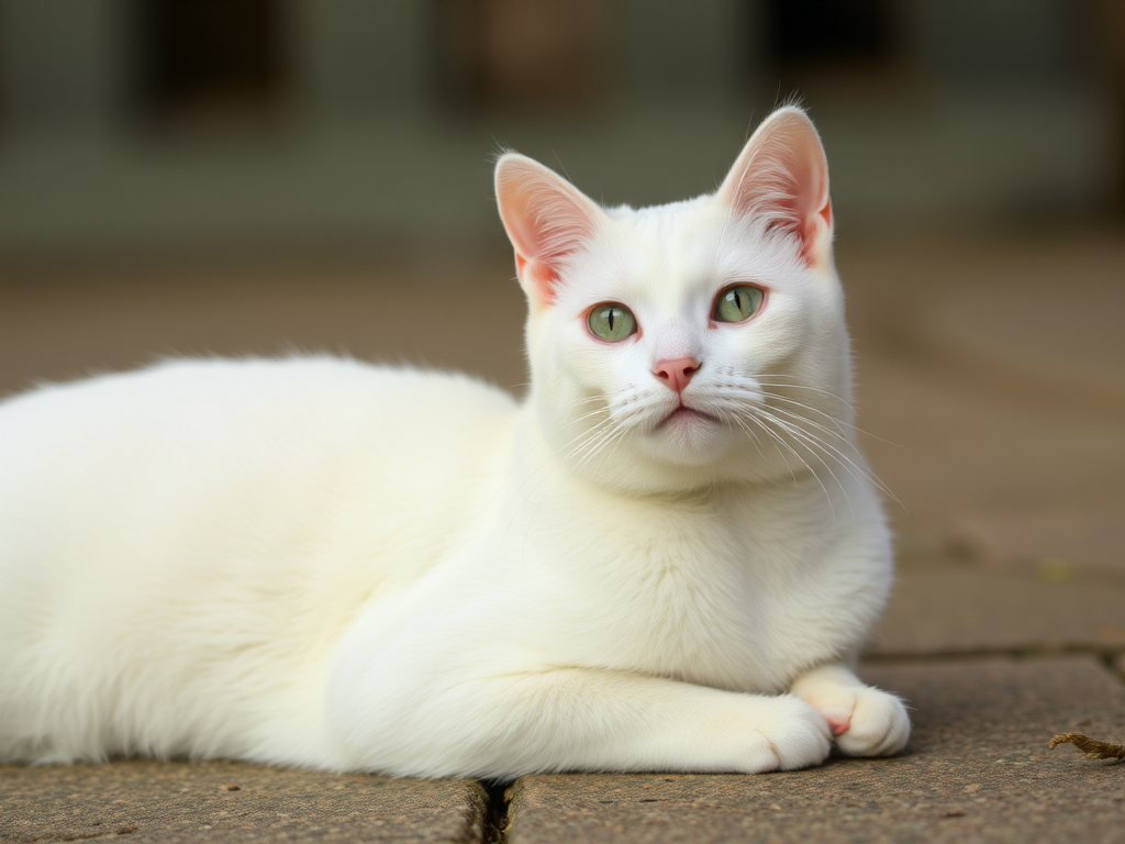 A fluffy white feline with bright green eyes.