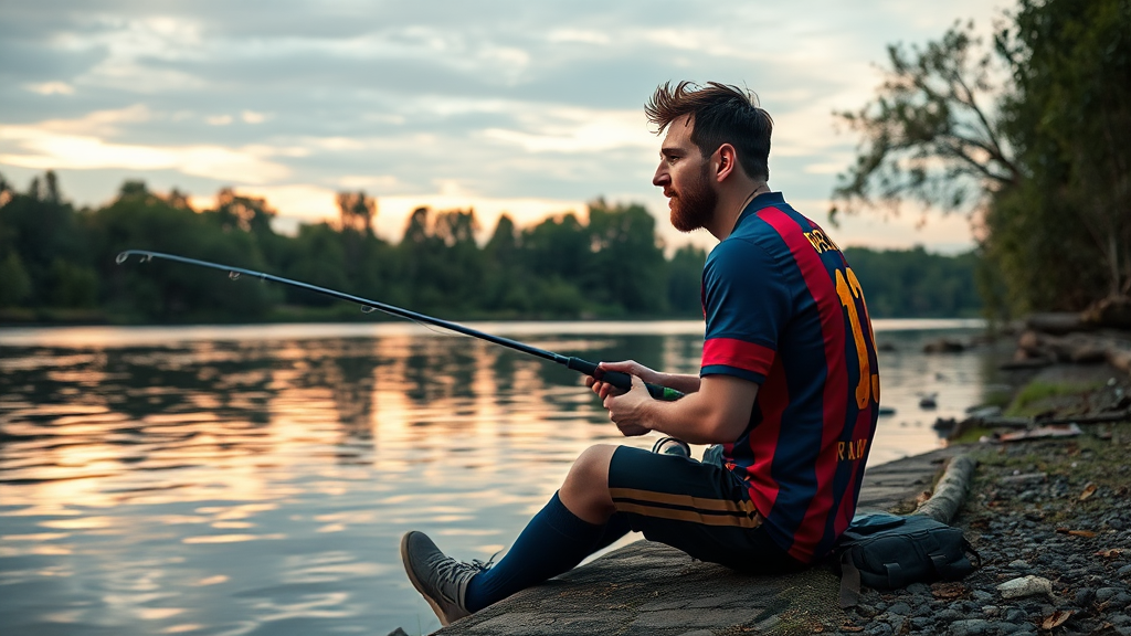 A football player in Barcelona jersey fishing by river.