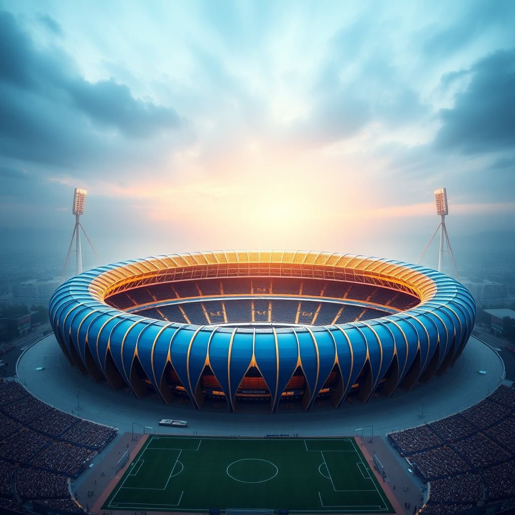 A football stadium like royal crown with blue gold.