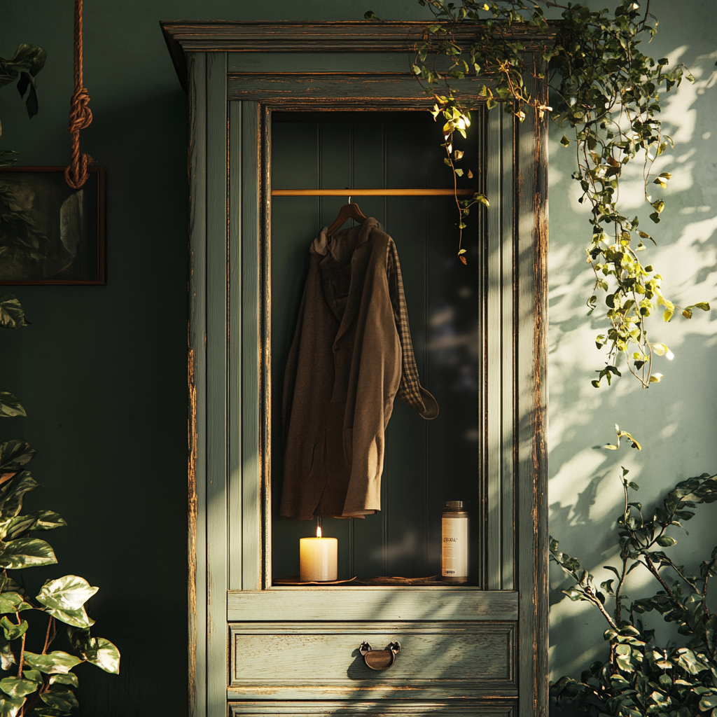 A framed photo in wardrobe with candle; bohemian.