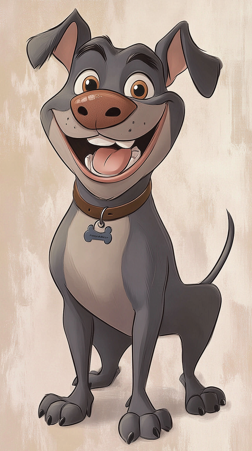 A friendly cartoon pitbull with round eyes