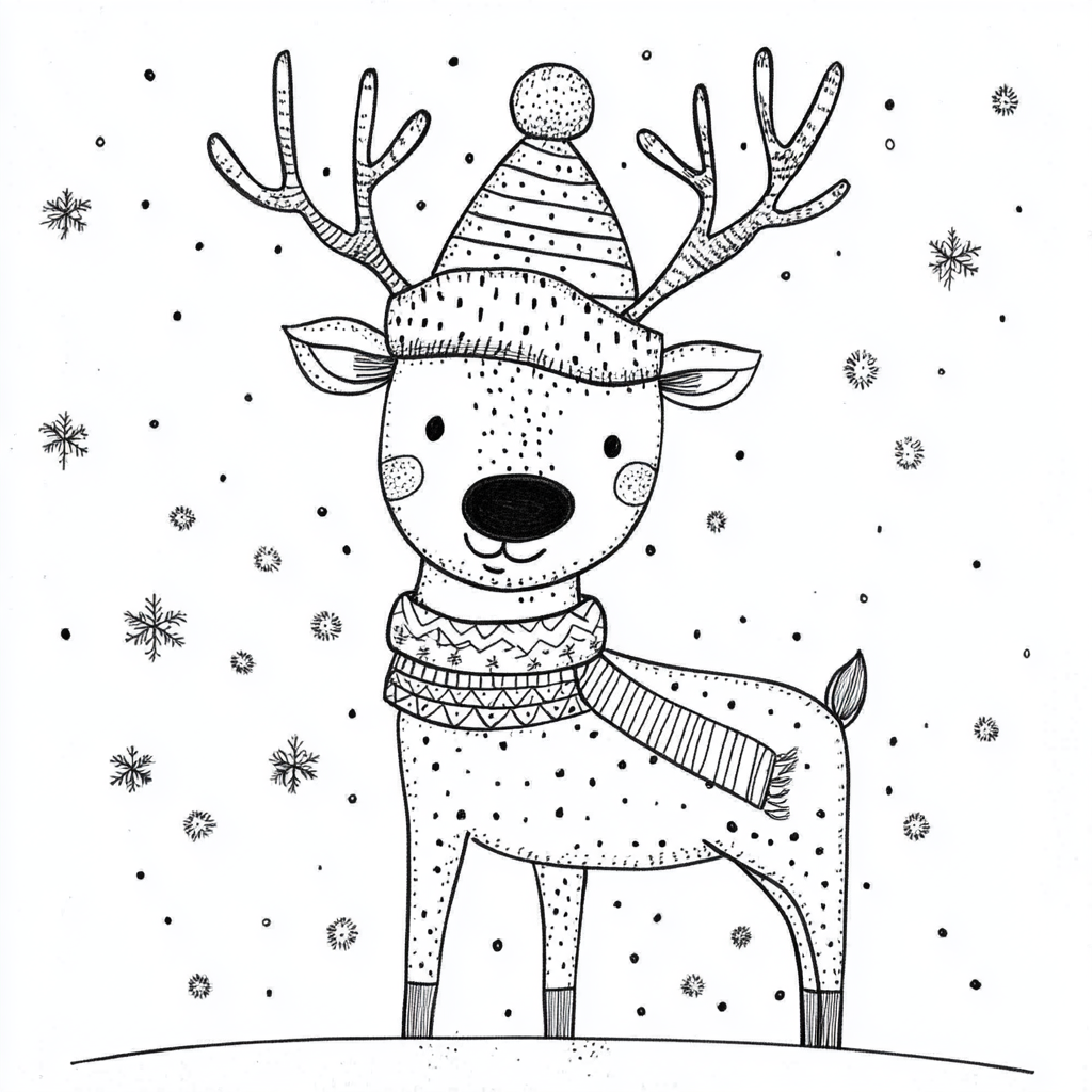 A friendly reindeer with a Christmas hat in snow