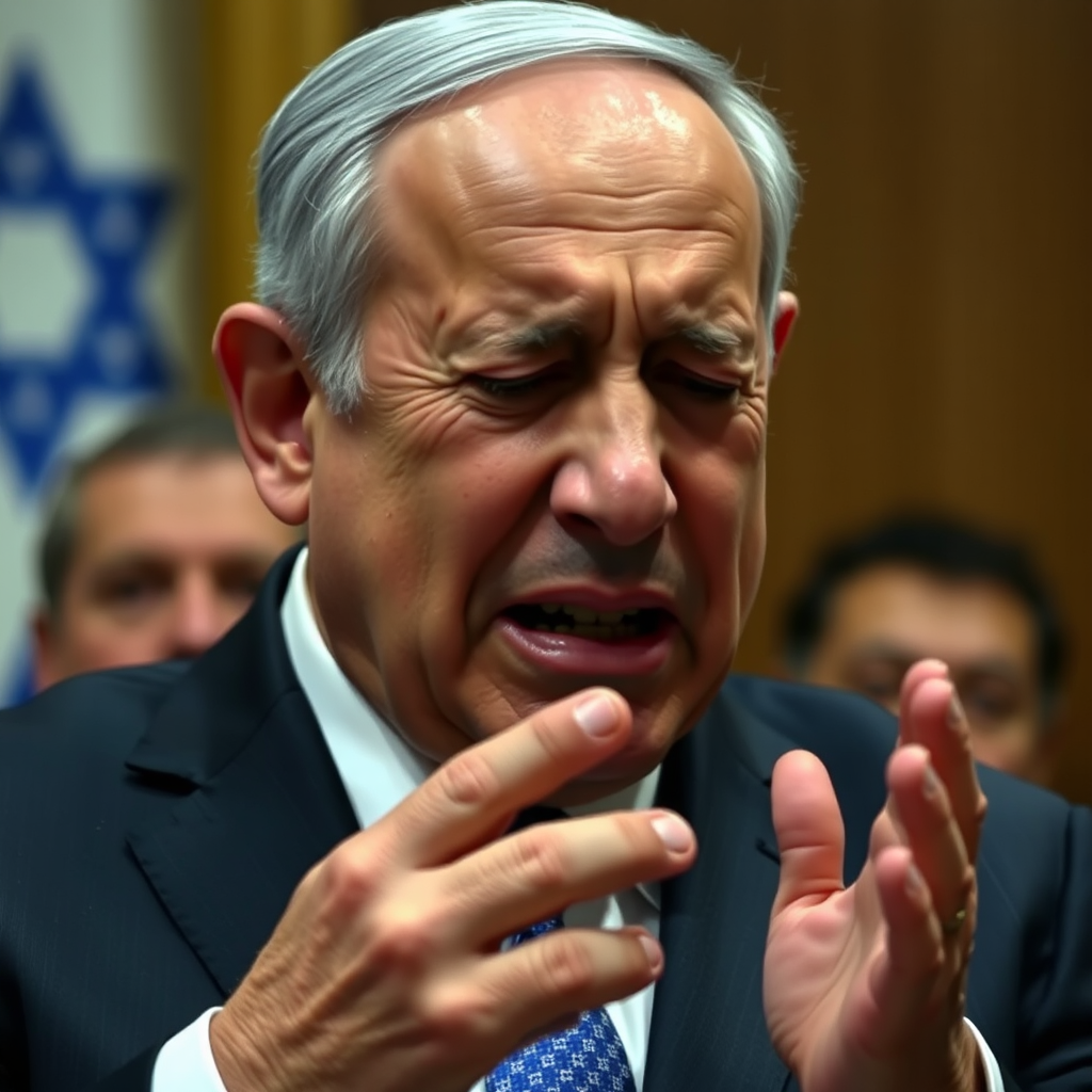 A frightened Netanyahu is shaking and crying.