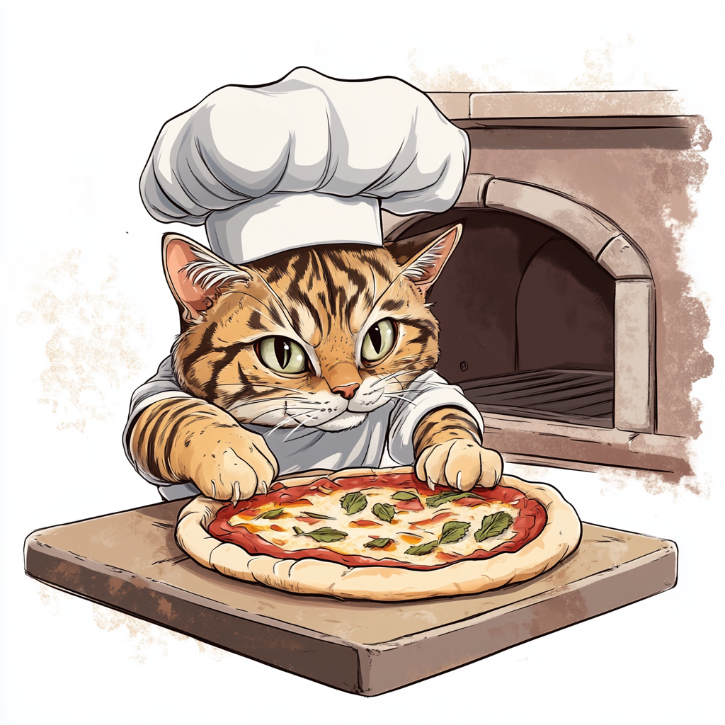 A funny cat chef making pizza in oven