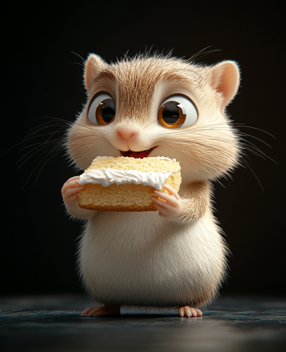 A funny chipmunk eating cake in cartoon style