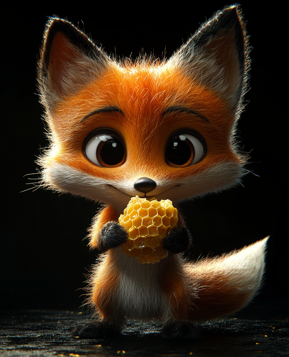 A funny fox pulls honeycomb in cartoon style