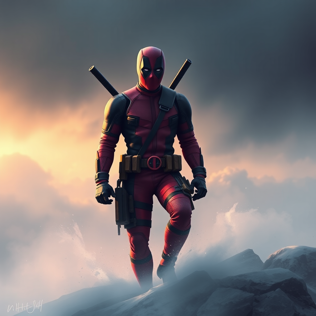 A funny superhero character called Deadpool in the city.