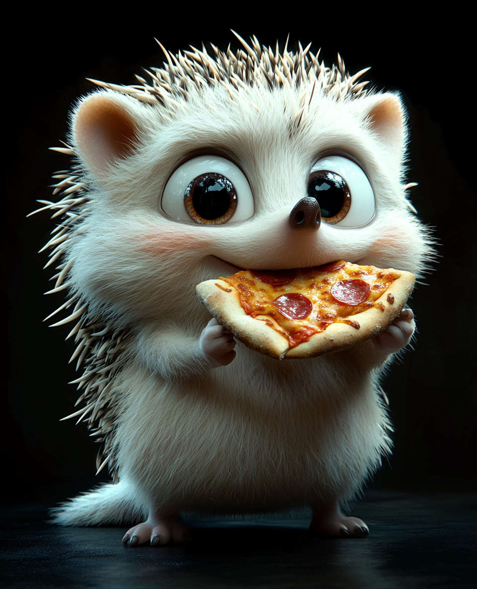 A funny white hedgehog enjoys pizza cartoon style