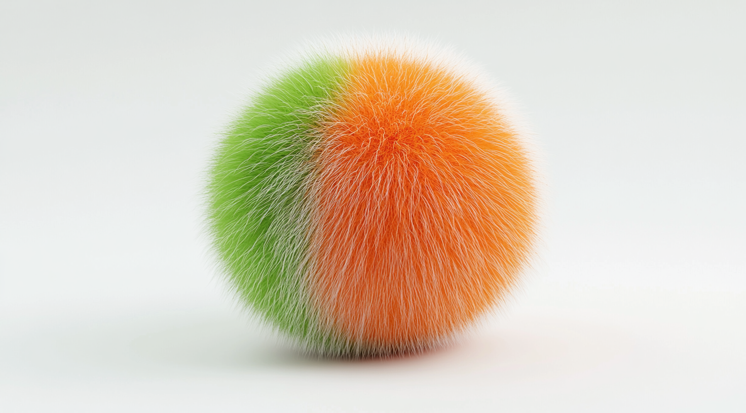 A furry orange and green sphere in 3D