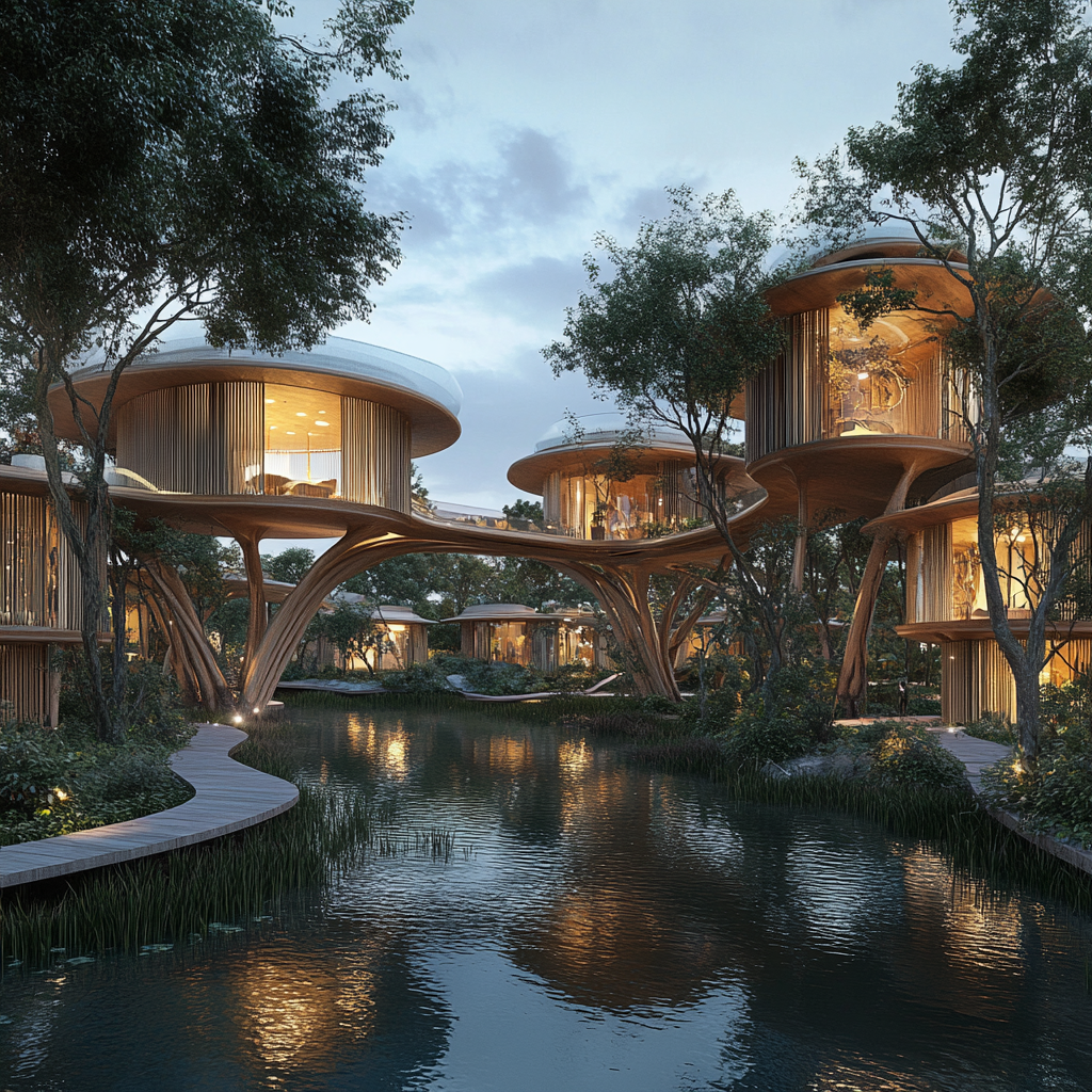 A futuristic, nature-inspired community over water