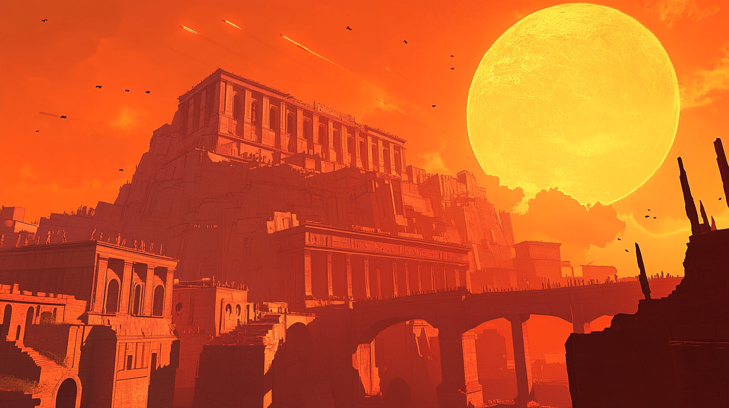 A futuristic ancient city sparkling under red sun