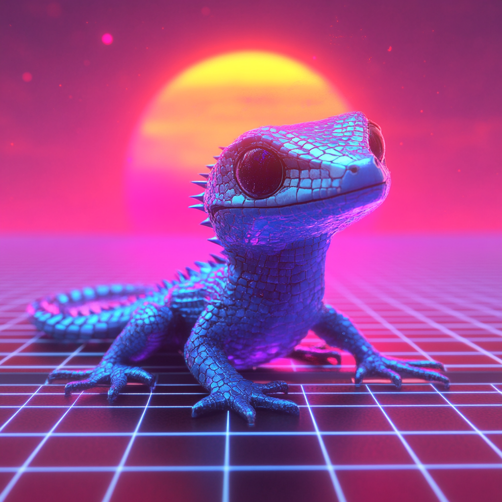 A futuristic dragon gecko in neon colors sunset