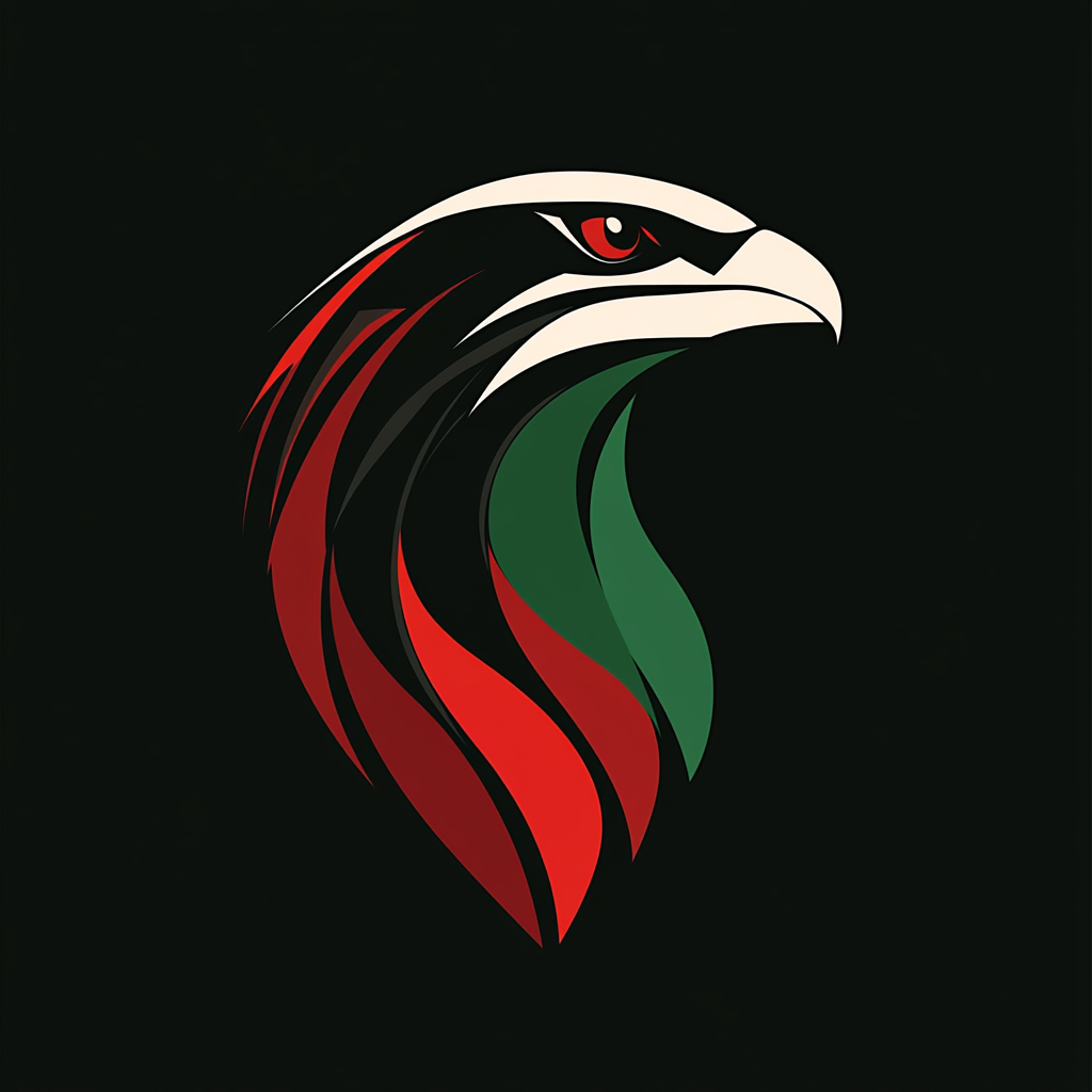 A futuristic falcon logo with UAE flag colors