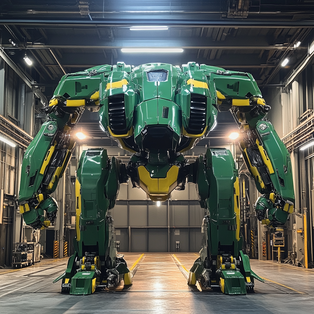 A futuristic green and yellow mecha ready for launch