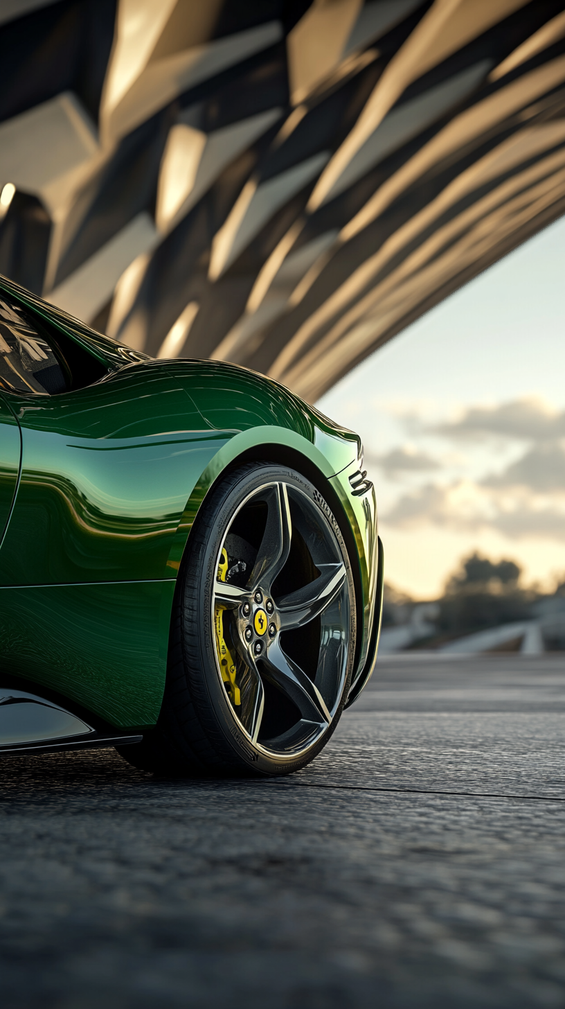 A futuristic metallic green Ferrari SF90 Stradale