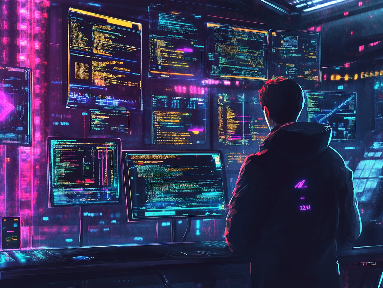 A futuristic office scene with holographic code screens