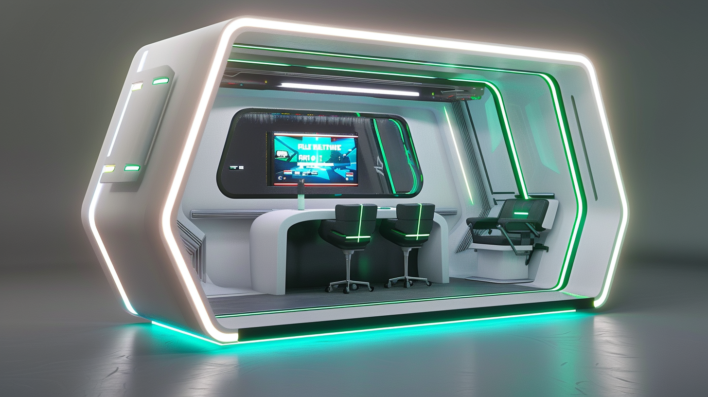 A futuristic police department booth engages visitors