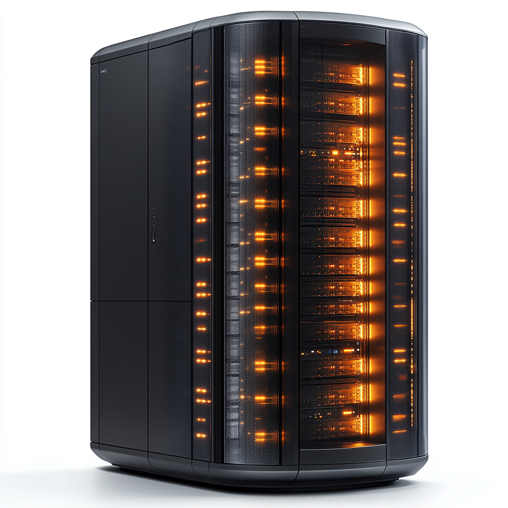 A futuristic server rack on white background