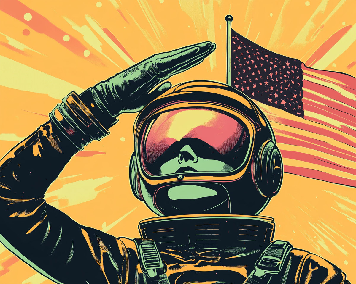 A futuristic soldier saluting with space flag