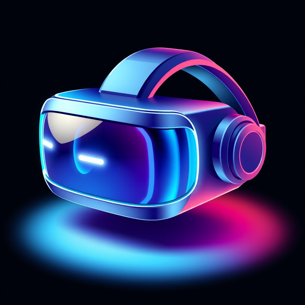 A futuristic virtual reality headset with glowing lenses.