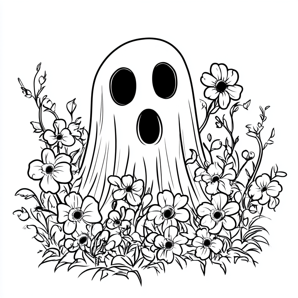 A ghost surrounded by flowers coloring page.