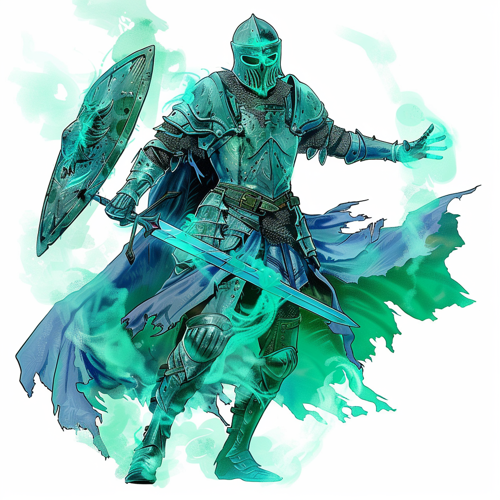 A ghostly knight in green-blue armor.