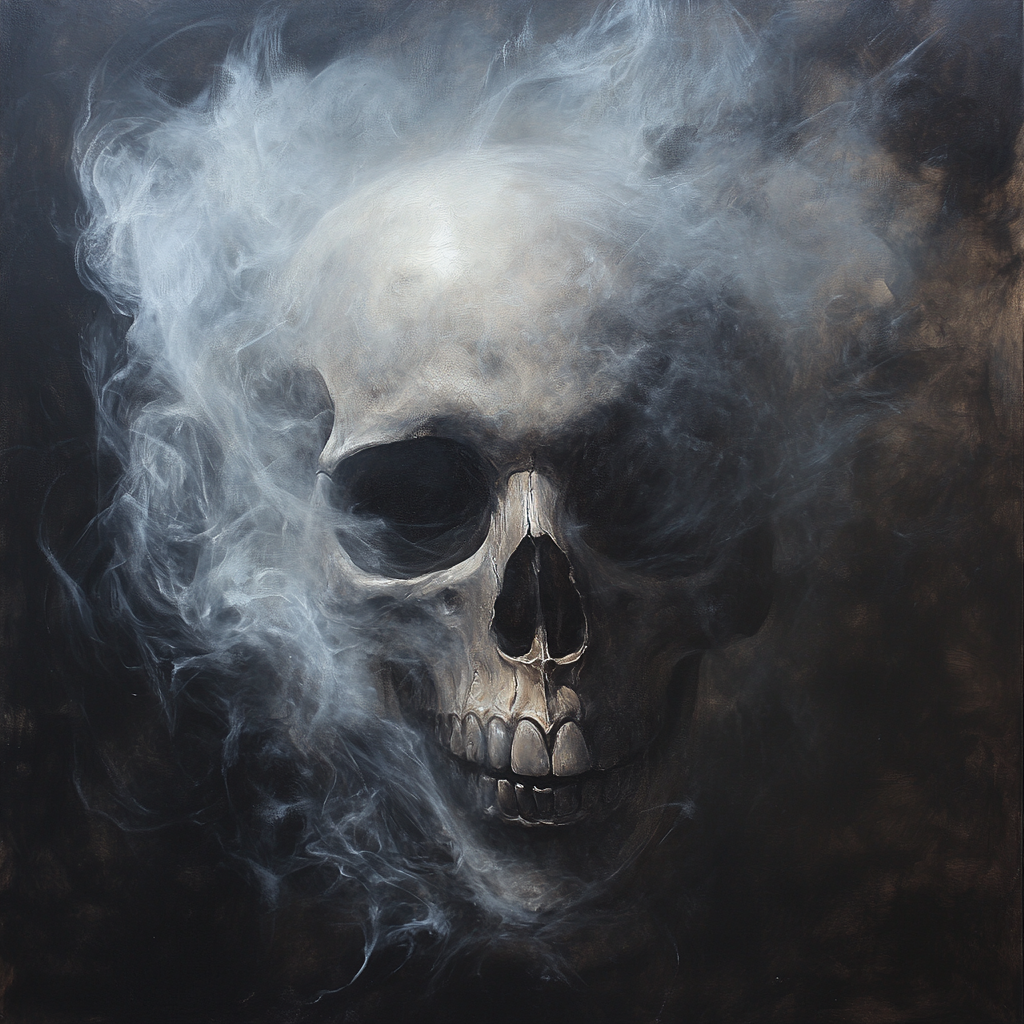 A ghostly skull dissolving into misty air