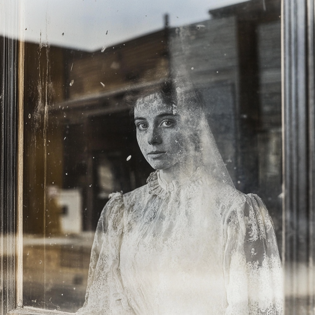 A ghostly woman in old barber shop window