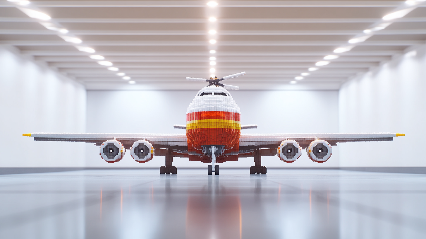 A giant Lego Boeing 747 in white studio