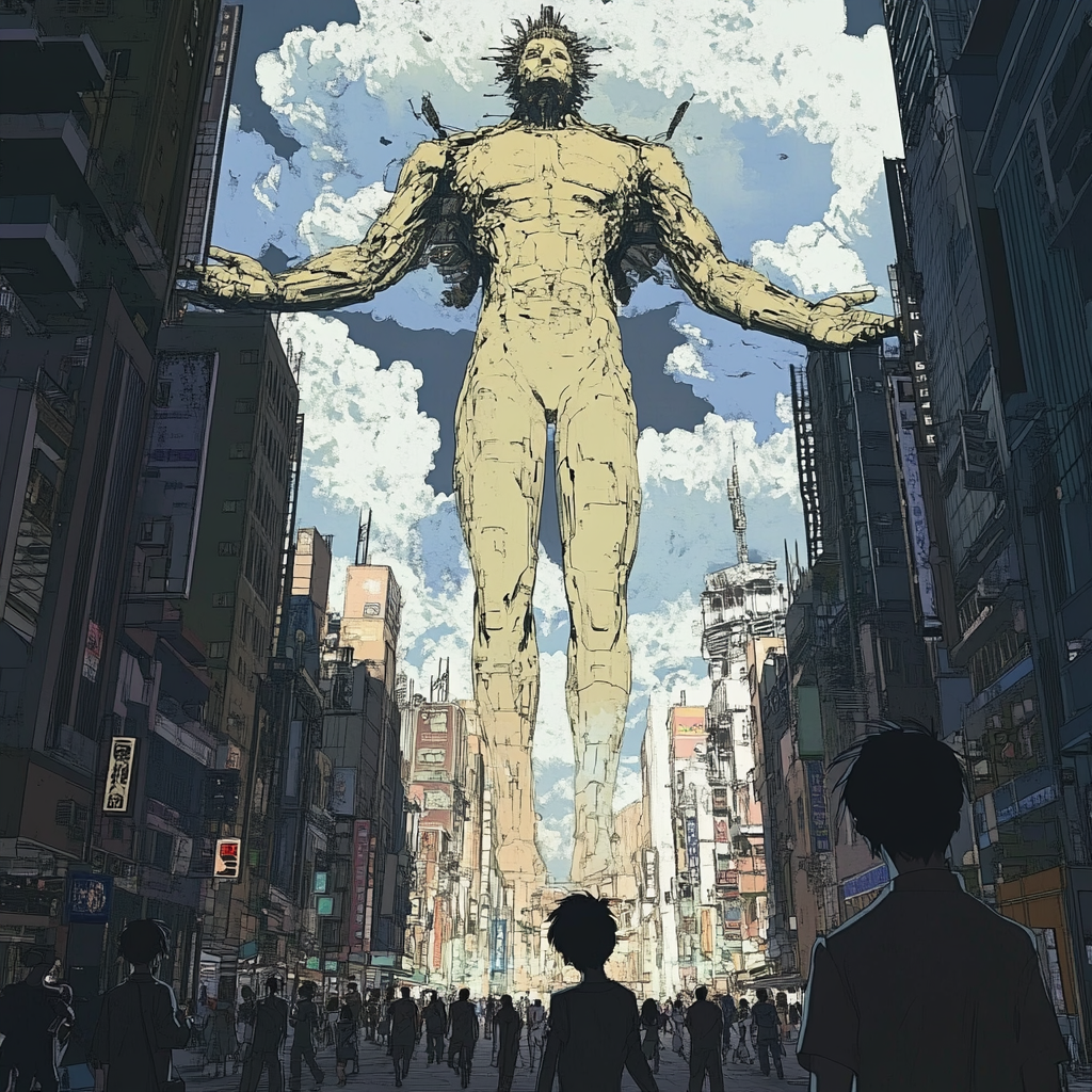 A giant god greets humans in anime city