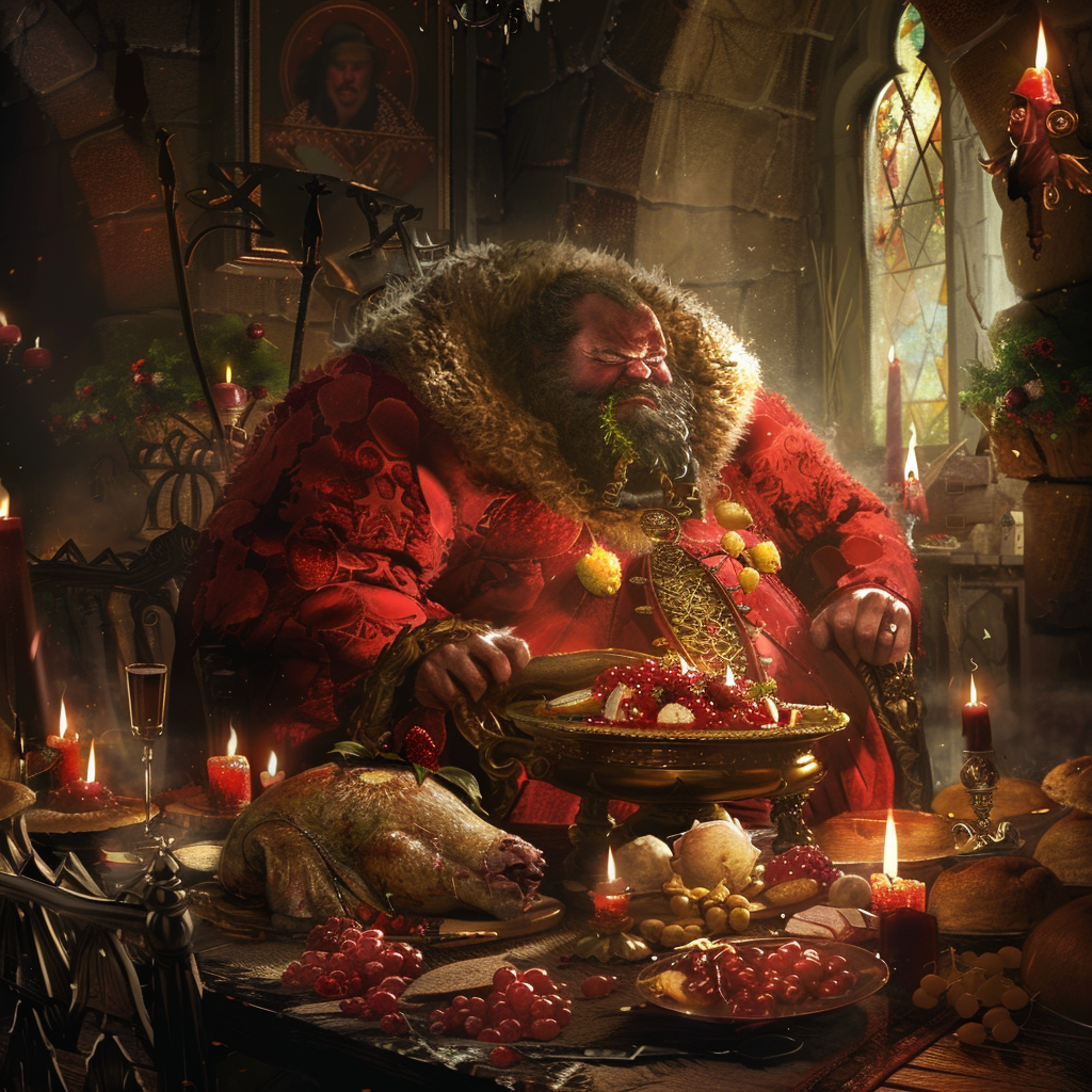 A giant man in red robes with abundant food.