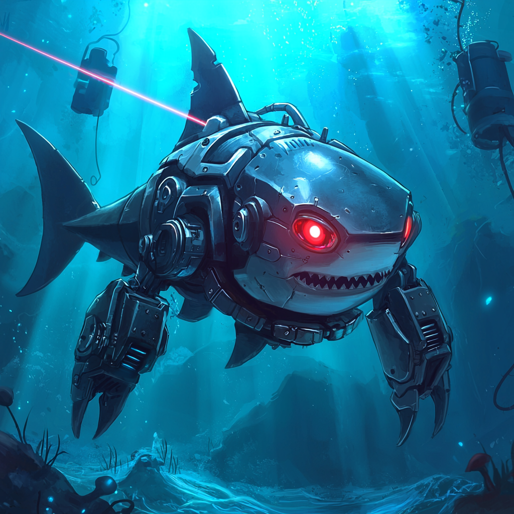 A giant robot shark underwater, shooting laser beams